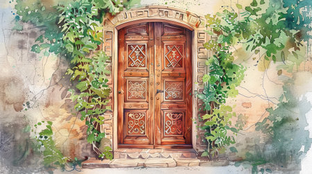 Watercolor Art of Intricately Carved Wooden Door with Lush Greenery. Concept of Architectural Beauty, Nature, Rustic Charm, and Timeless Elegance.の写真素材