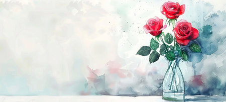 Elegant Watercolor Art of Red Roses in Vase Concept of Nature Beauty Romantic Decor Home Inspiration Floral Arrangement. Copy space.の写真素材
