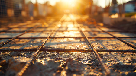 Close-up of Freshly Poured Concrete at Sunset. Concept of Construction Progress, Urban Development, and Industrial Work.の写真素材