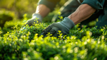 Close-Up of Hands Planting Green Hedge in a Garden. Concept of Gardening, Nature, Growth, Environmental Conservation.の写真素材
