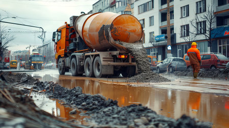 Concrete Mixer Truck Pouring Cement on Street in Urban Construction Zone. Concept of Infrastructure Development, City Building, Construction Industry, and Urban Engineering.の写真素材