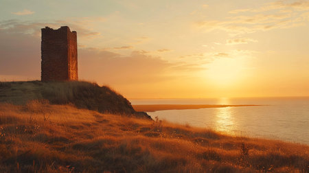 Old brick lighthouse at sunset by the sea with vibrant golden sky.の写真素材