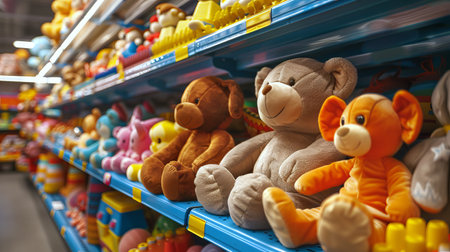 Colorful children's toys displayed on a shelf in a toy store. Concept of playful shopping, childhood Fun, Indoor Entertainment, Creative Learning, and vibrant retail.の写真素材