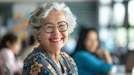 Smiling Elderly Woman with Glasses in Classroom Setting, Concept of Lifelong Learning and Education...