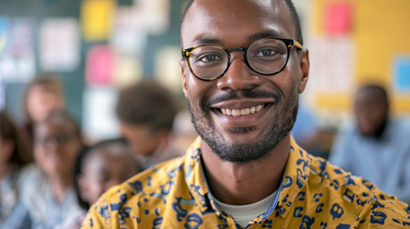 African American Male Teacher in a Classroom Setting Smiling Confidently. Concept of Education,...