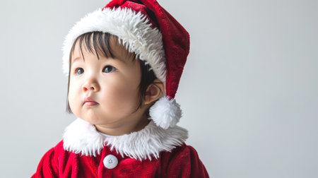 Asian Child Wearing a Santa Claus Costume Looking Curious. Concept of Holiday Festivities, Christmas Spirit, Childhood Innocence, and Festive Clothing. Isolated on white background.の写真素材