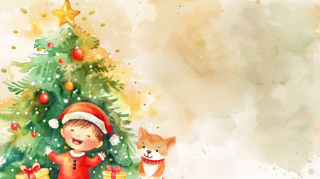 Adorable Child in Santa Hat with Dog by Christmas Tree Art. Concept of Festive Joy, Holiday Spirit, Family Bonding, Winter Celebrations. Copy space.の写真素材
