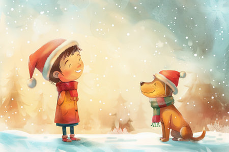 Cheerful Boy and Dog in Santa Hats Enjoying Snowy Winter Wonderland Watercolor Art - Concept of Holiday Friendship, Christmas and Winter Magic. Copy space.の写真素材