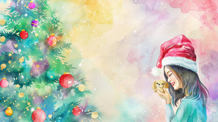 Joyful Asian Woman with Puppy in Watercolor Christmas Scene. Festive Holiday, Celebrating Joy, Winter Cheer, Seasonal Delight Art. Copy space.の写真素材