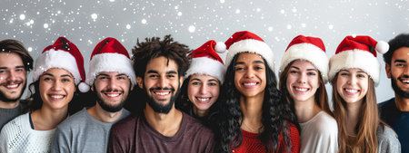 Diverse Group of Young Adults Smiling in Santa Hats Celebrating Holiday Season Concept of Friendship...