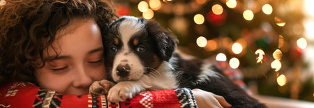Caucasian Woman with Curly Hair Hugging Adorable Puppy Against Festive Christmas Lights. Concept of Holiday Warmth, Pet Companionship, Joyful Celebrations, and Cozy Winter Evenings. Banner. Copy space.の写真素材