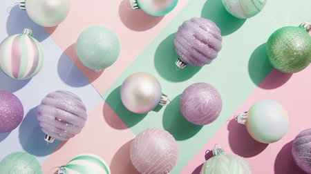 Festive Holiday Baubles in Pastel Shades Neatly Arranged on Soft Purple Background. Concept of Christmas Decoration, Seasonal Festivities, Elegant Ornamentation, Colorful Holiday Spirit. Copy space.の写真素材