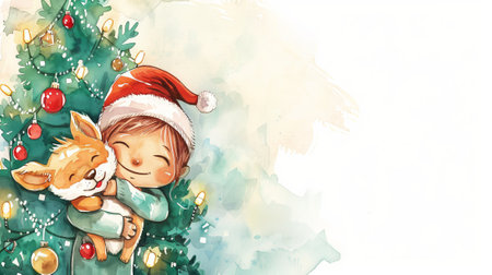 Smiling Child in Santa Hat Hugging a Dog by Christmas Tree Watercolor Art Concept of Holiday Spirit, Childhood Joy, Festive Seasons, and Cozy Celebrations. Copy space.の写真素材
