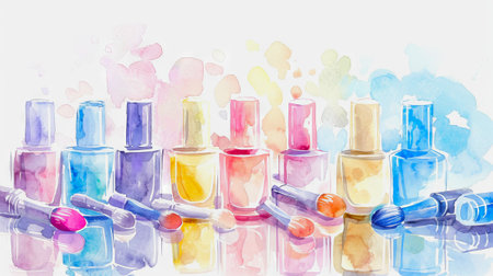 Watercolor Art of Colorful Nail Polish Bottles Array on White Background. Concept of Beauty, Personal Care, Elegance, and Fashion. White background.の写真素材
