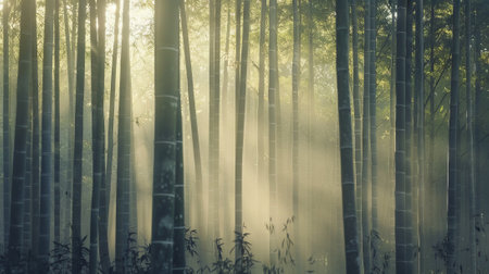 Serene Bamboo Grove in the Early Morning Light, Filled with Mist and Tranquil Ambiance. Perfect Nature Scene, Zen Environment, and Peaceful Forest.の写真素材