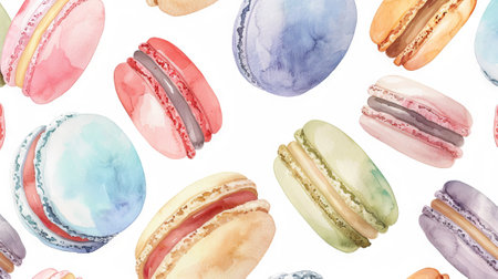 Watercolor Illustration of Colorful Macarons Seamless Pattern. Concept of Artistic Baking, French Pastry, Sweet Desserts. Background.の写真素材