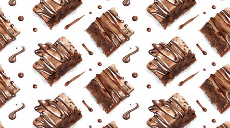 Delicious chocolate brownies with drizzled caramel and nuts on white background. Tasty backdrop. Watercolor illustration.の写真素材