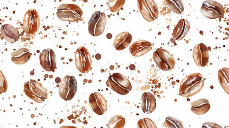 Watercolor coffee bean pattern on white background for modern kitchen decor. Abstract background.の写真素材