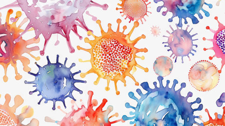 Colorful watercolor virus pattern, abstract illustration of viral particles and pathogenic microorganisms. Abstract medical background. Concept of microbiology, infectious diseases, medical research.の写真素材