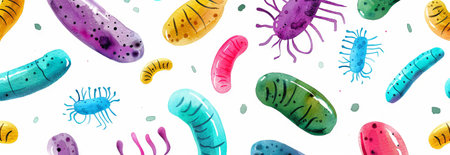 Watercolor illustration of colorful microbes, viruses, microorganisms and bacteria on a white...