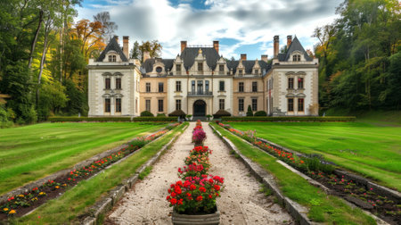 Historic Castle with Garden in the Mountain Valley. Concept of traditional architecture, landscaped garden, historic landmark, beautiful scenery, travel destination.の写真素材