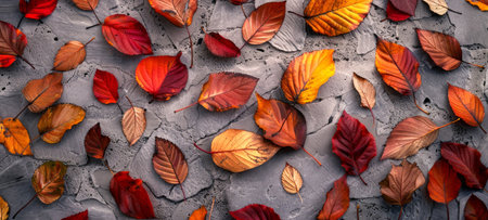 Top view of scattered autumn leaves in various shades of red and orange. Concept of fall season, nature, colorful foliage, natural background.の写真素材