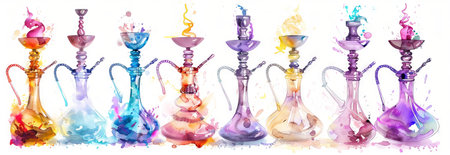 Colorful watercolor illustration of various hookahs on white background. Concept of traditional...