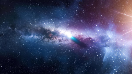 Cosmic landscape with bright comet streaking across the starry sky. Concept of deep space,...