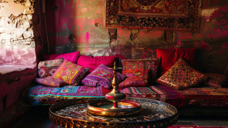 Cozy hookah lounge interior with colorful pillows and intricate decor. Concept of exotic relaxation, vibrant patterns, Middle Eastern ambiance, and traditional hookah setting. Interior design inspiration.の写真素材