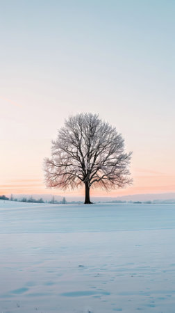 Serene Snow-Covered Field with a Lone Tree at Sunset Capturing the Tranquility of Winter Landscapes and Nature's Solitude. Vertical.の写真素材