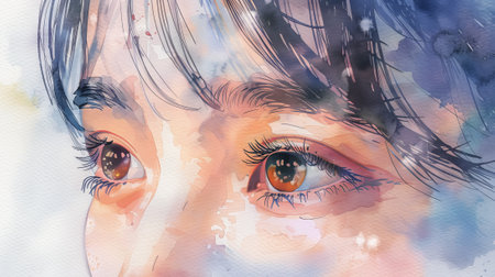 Watercolor illustration of a close-up of a young Asian woman's eyes painted in vibrant colors. Concept of detailed portrait art, expressive female gaze, and realistic human features.の写真素材