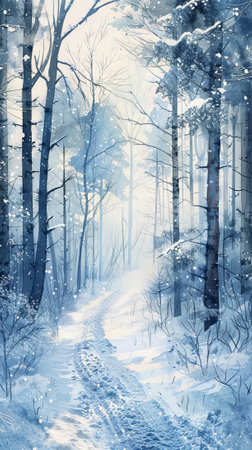 Watercolor Illustration of a Snowy Forest Path in Winter, Capturing Serene Woodland, Tranquil Scenery, and Peaceful Nature Walks in Cold Weather. Vertical.の写真素材