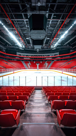 Pristine Ice Hockey Arena with Red Seats and Bright Lighting Highlighting the Empty Rink. Concept of Sports Venues, Anticipation of Games, Modern Arenas, Athletic Events. Vertical.の写真素材