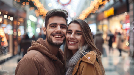 Young Smiling Couple Enjoying a Day at the Mall in a Festive Setting. Concept of Shopping Fun,...