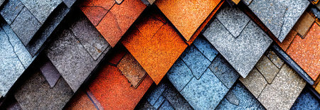 Variety of Colorful Asphalt Shingles in Overlapping Pattern. Concept of Home Roofing, Construction...