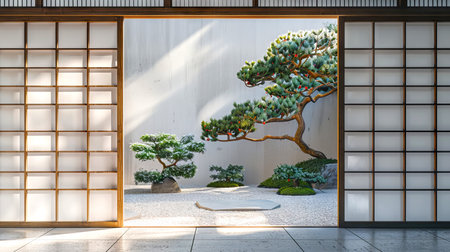 Tranquil Japanese Garden View Through a Traditional Sliding Door. Concept of Zen, Nature, Cultural Heritage, and Serenity.の写真素材