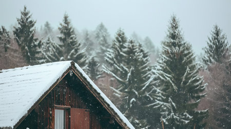 Snow-Covered Roof of a Cozy Cabin in a Winter Forest Setting, Emphasizing Serenity, Tranquility, and Nature's Beauty in Cold Weather.の写真素材