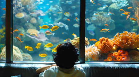 Child Watching Colorful Fish in Underwater Scene from Modern Aquarium Window Art. Concept of Marine Life Exploration, Child Curiosity, Ocean Wonders, and Aquatic Discovery.の写真素材