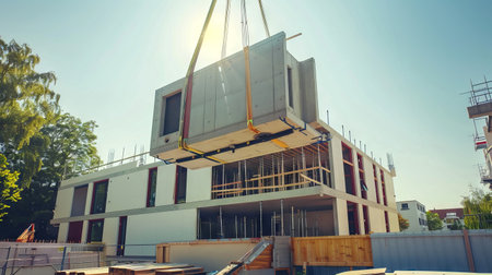 Crane Lifting Prefabricated Concrete Panel at Construction Site on a Sunny Day - Concept of Modern Architecture, Urban Development, Building Innovation.の写真素材