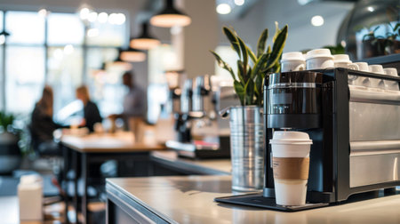 Modern Coffee Machine on a Light Table in an Office. Concept of Workplace Efficiency, Refreshing Breaks, Contemporary Design, and Convenience. Copy space.の写真素材