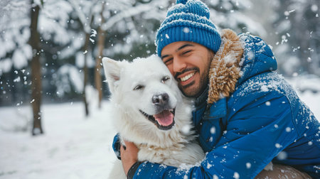Smiling Man Enjoying a Snowy Day with His Fluffy White Dog. Concept of Winter Companionship, Joyful...