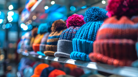 Cozy Winter Hats Displayed in a clothing Store. Concept of fashion accessories, warm clothing, shopping for winter, and colorful knitwear. Copy space.の写真素材