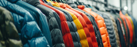 Neatly Hung Jackets and Coats in Various Colors and Fabrics on Hangers. Concept of Winter Fashion,...