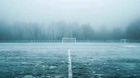 Winter serenity on a snow-covered soccer field.の写真素材
