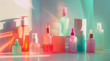 Colorful Assorted Beauty Product Bottles in Sunlit Setting Concept of Skincare Variety, Beauty Routine Essentials, and Self-Care Relaxation. Mockup. Copy space.の写真素材