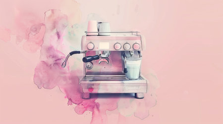 Stylish Coffee Machine in Soft Watercolor Style on Pastel Background. Concept of Brewing, Coffee Culture, Artistic Home Decor, and Modern Appliances.の写真素材