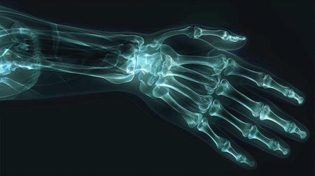 Radiographic View of Human Hand Bones Highlighting Skeletal Structure and Anatomy. Concept of X-ray Imaging, Medical Science, Human Hand, Skeletal Anatomy.の写真素材