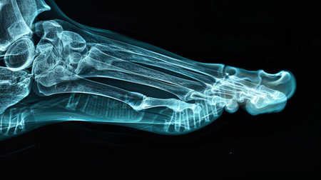 X-ray image of a human foot highlighting bone structure and detail. Concept of medical imaging, anatomy study, skeletal system examination, radiology.の写真素材