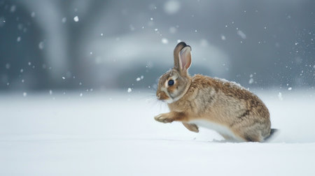 Dynamic Photo of a Rabbit Racing Through a Snowy Meadow. Concept of Speed, Wildlife, Winter, Nature, Beauty in Motion, Freeze Frame.の写真素材