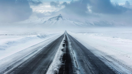 Open Snow-Covered Road Stretching into the Distance with Mountainous Backdrop. Concept of winter travel, nature, serenity, landscape.の写真素材